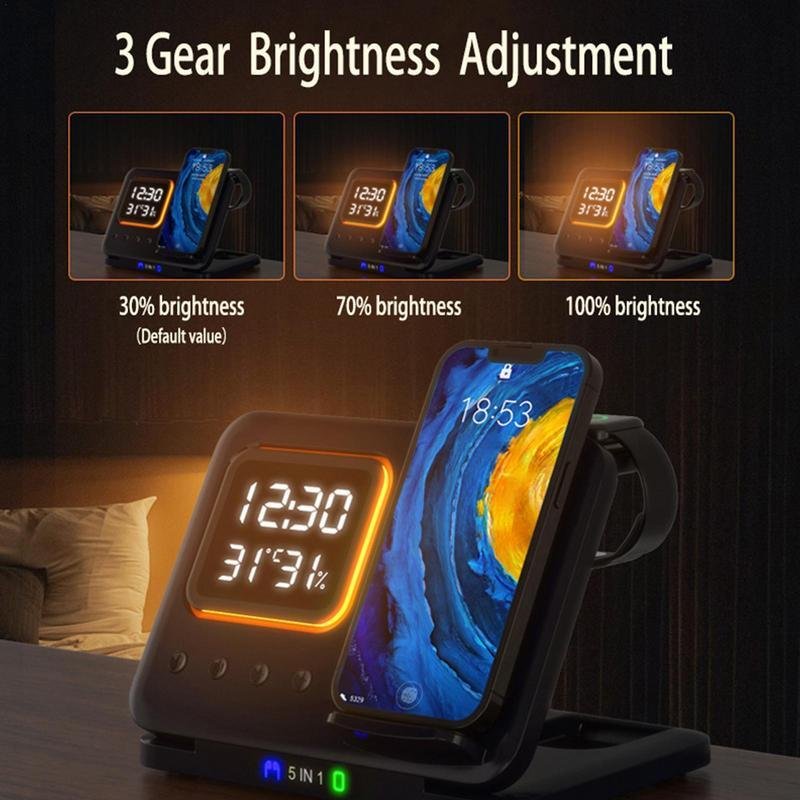 15W Wireless Chargers Stand 5 In1 LED Digital Alarm Clock Fast Charging Dock Station - Image 5