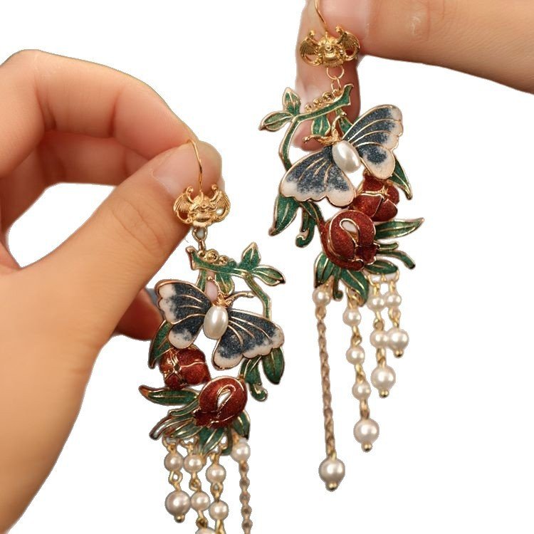 Dripping-oil Butterfly Leaf And Flower Bead Earrings - Image 5