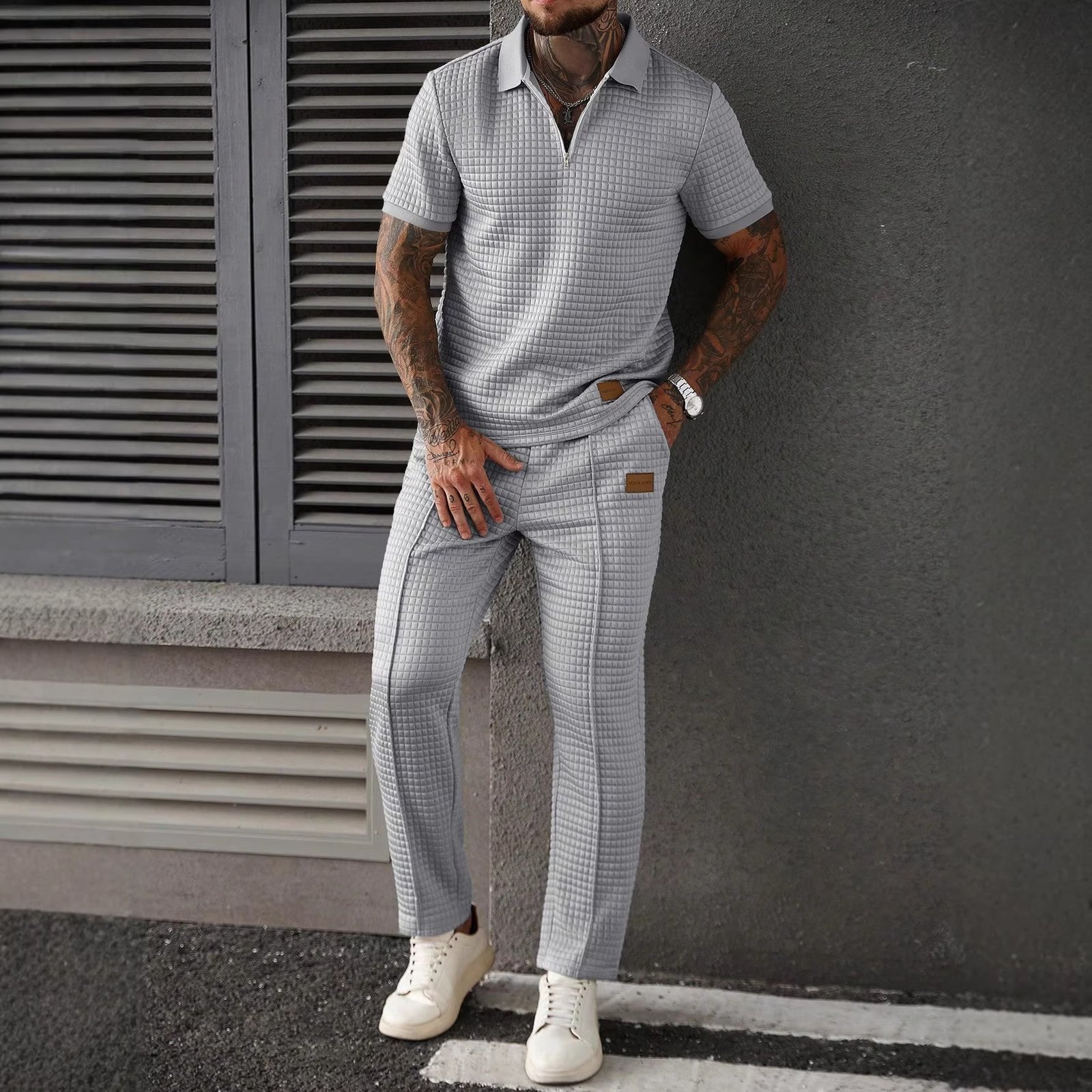 Casual Zip-Up Polo Shirt Top And Pants Two-Piece Set - Image 3