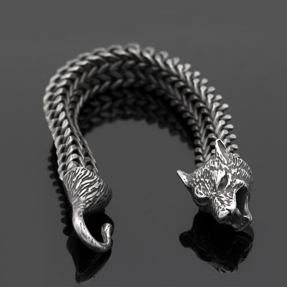 Bracelet Men Stainless Steel Vintage Black Wolf Head Cuban Chain Hand Wristband Male Fashion Jewelry Wholesale Accessories Gifts - Image 4