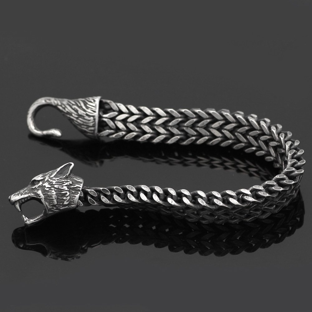Bracelet Men Stainless Steel Vintage Black Wolf Head Cuban Chain Hand Wristband Male Fashion Jewelry Wholesale Accessories Gifts - Image 3