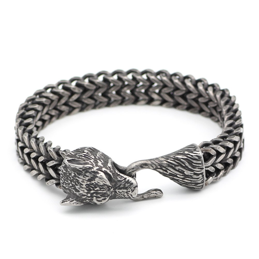 Bracelet Men Stainless Steel Vintage Black Wolf Head Cuban Chain Hand Wristband Male Fashion Jewelry Wholesale Accessories Gifts - Image 2