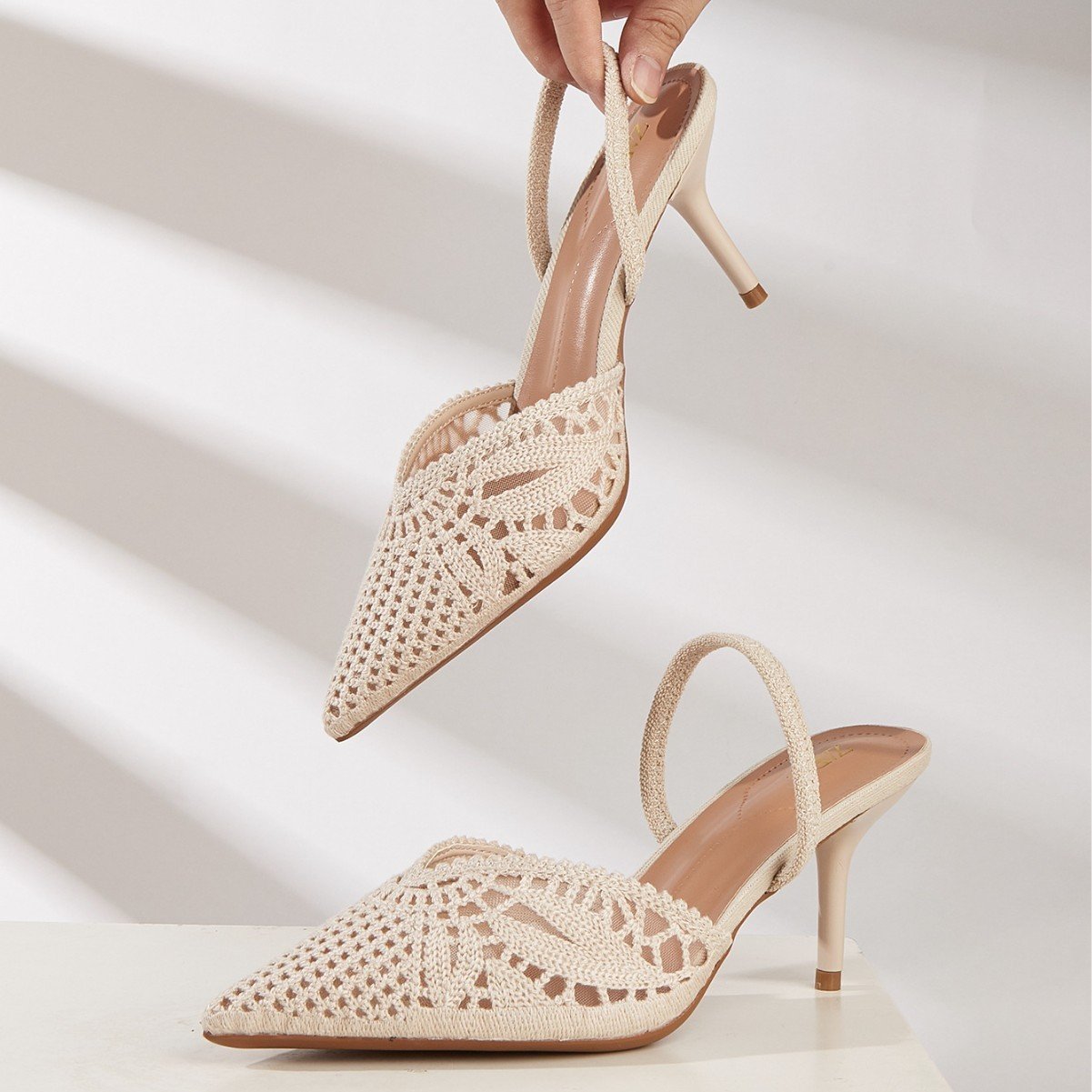 Women's French Style Knitted Cutout Pointed Toe Slingback Heeled Sandals - Elegant Casual Summer High Heel Shoes for Ladies - Image 2