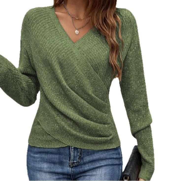 V-neck Long Sleeve Cross Solid Color Knitted Sweater - Image 5