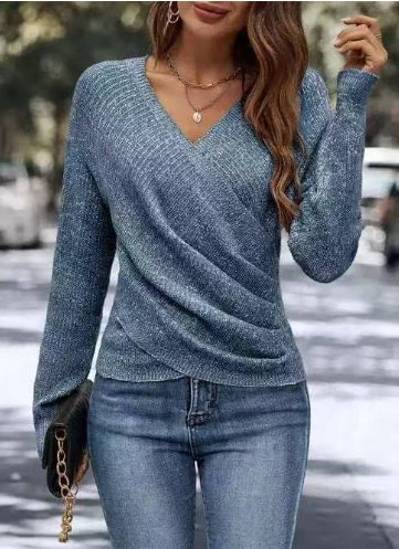 V-neck Long Sleeve Cross Solid Color Knitted Sweater - Image 7