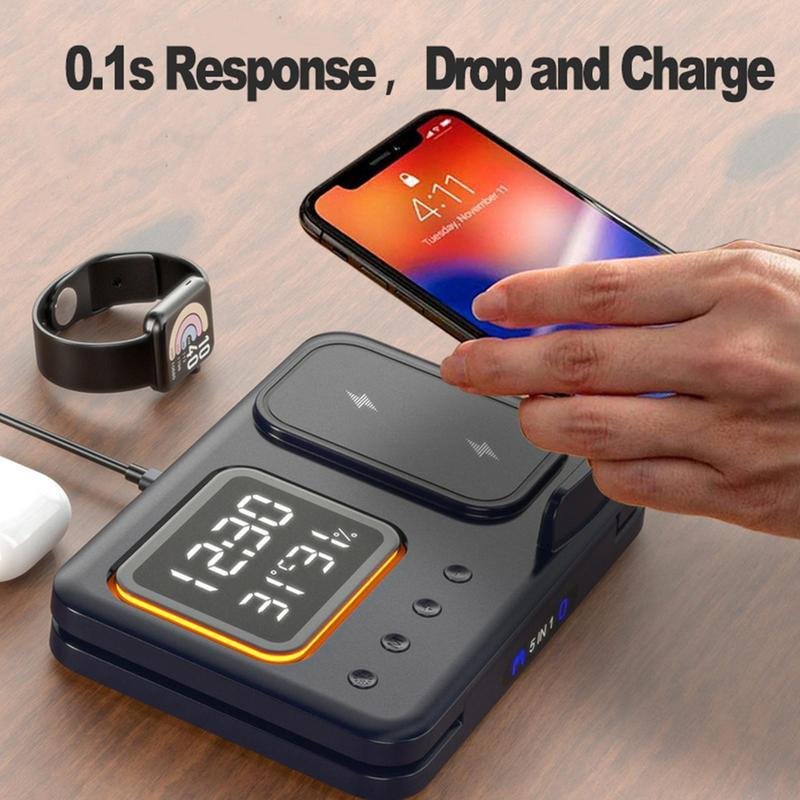 15W Wireless Chargers Stand 5 In1 LED Digital Alarm Clock Fast Charging Dock Station - Image 4