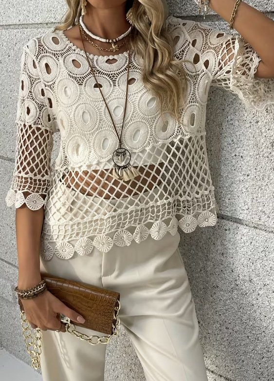 Resort-Style Sun-Protective Crochet Hollow-Out Crew-Neck Half-Sleeve Top - Image 3