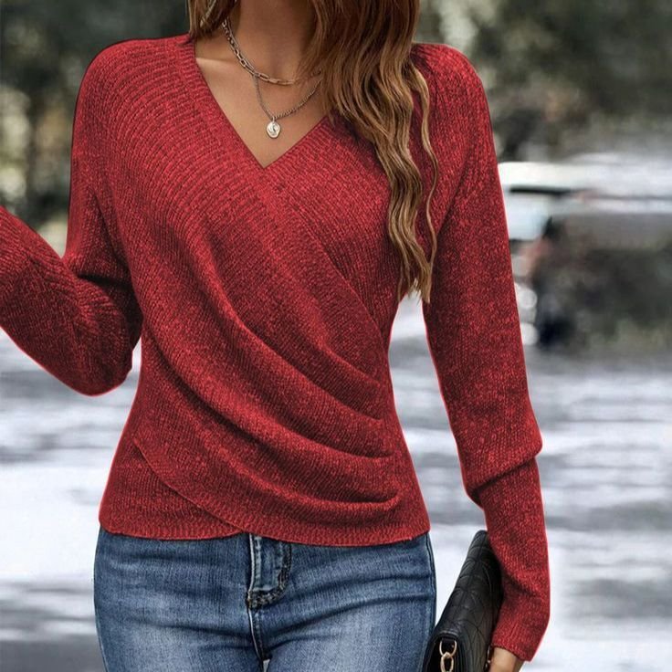 V-neck Long Sleeve Cross Solid Color Knitted Sweater - Image 2