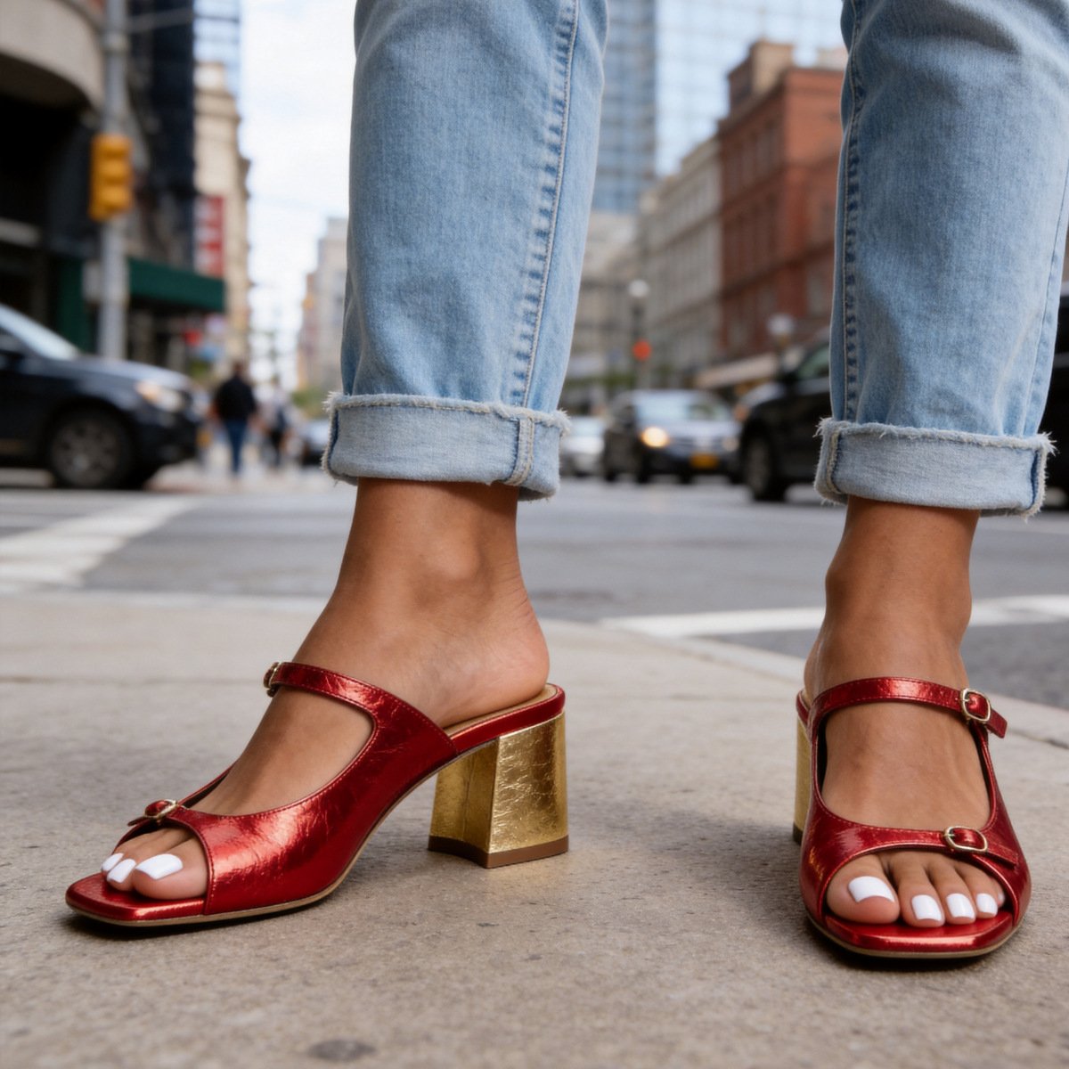 Square-toe Open-toe Chunky-heeled Color-block High Heels - Image 6