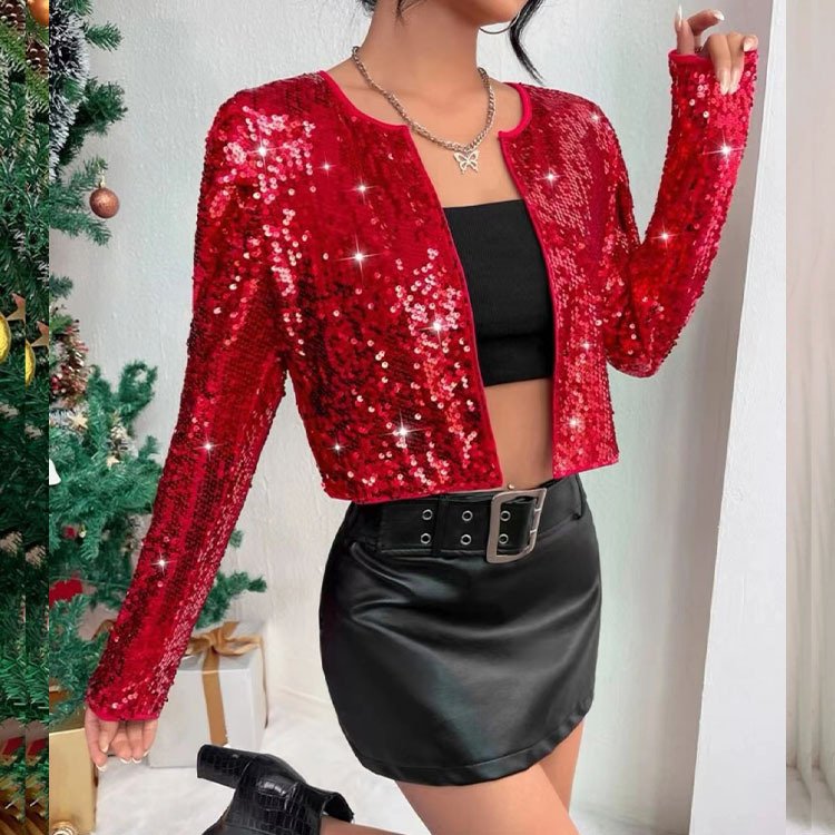Trendy Rock-Style Crew-Neck Short Sequin Jacket - Image 2