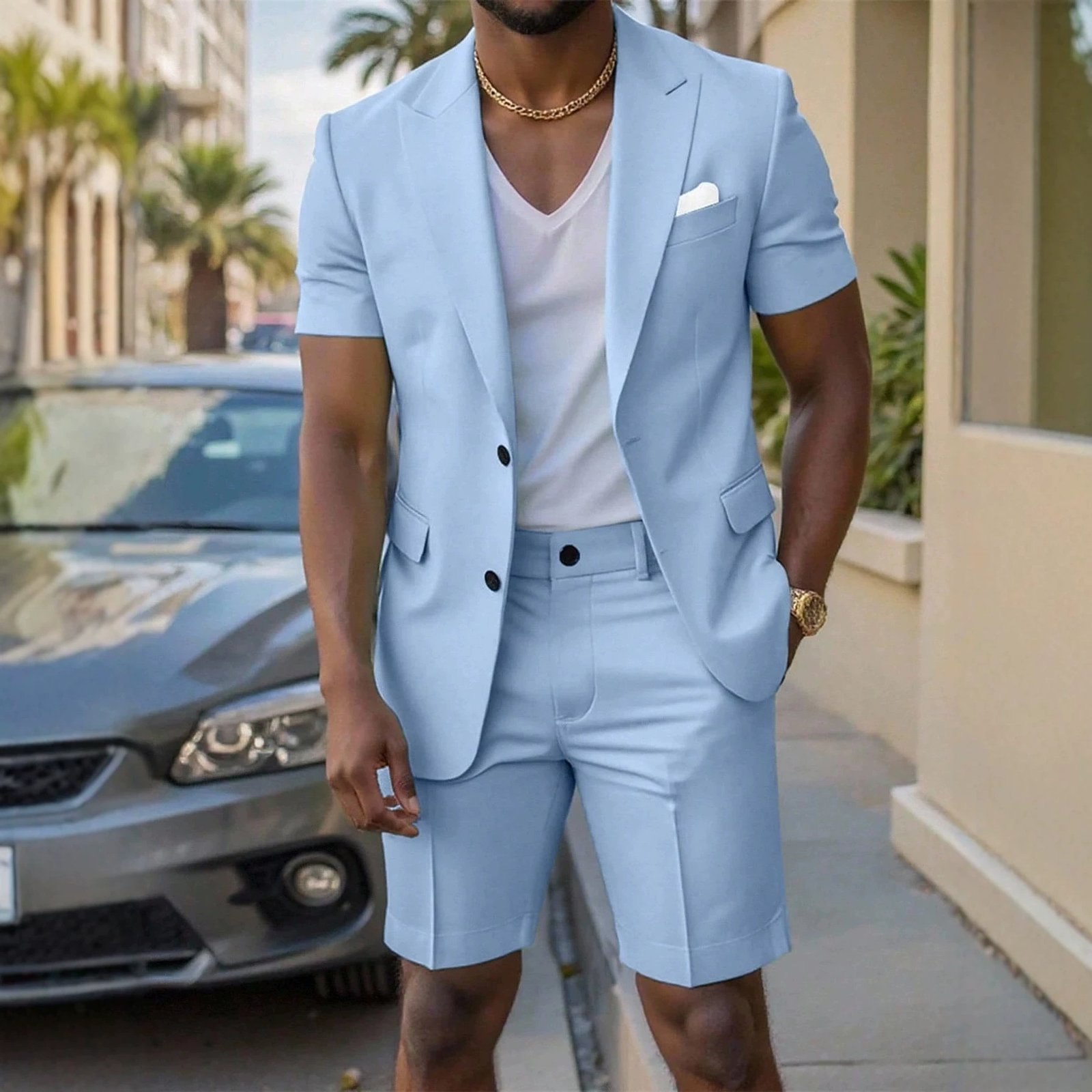 Mens Solid-Colored Gentleman Short-Sleeve Two-Piece Suit