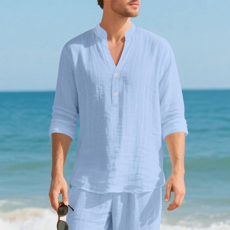 Autumn Linen Men's Long-Sleeve T-Shirt With Stand Collar And Buttons - Image 10
