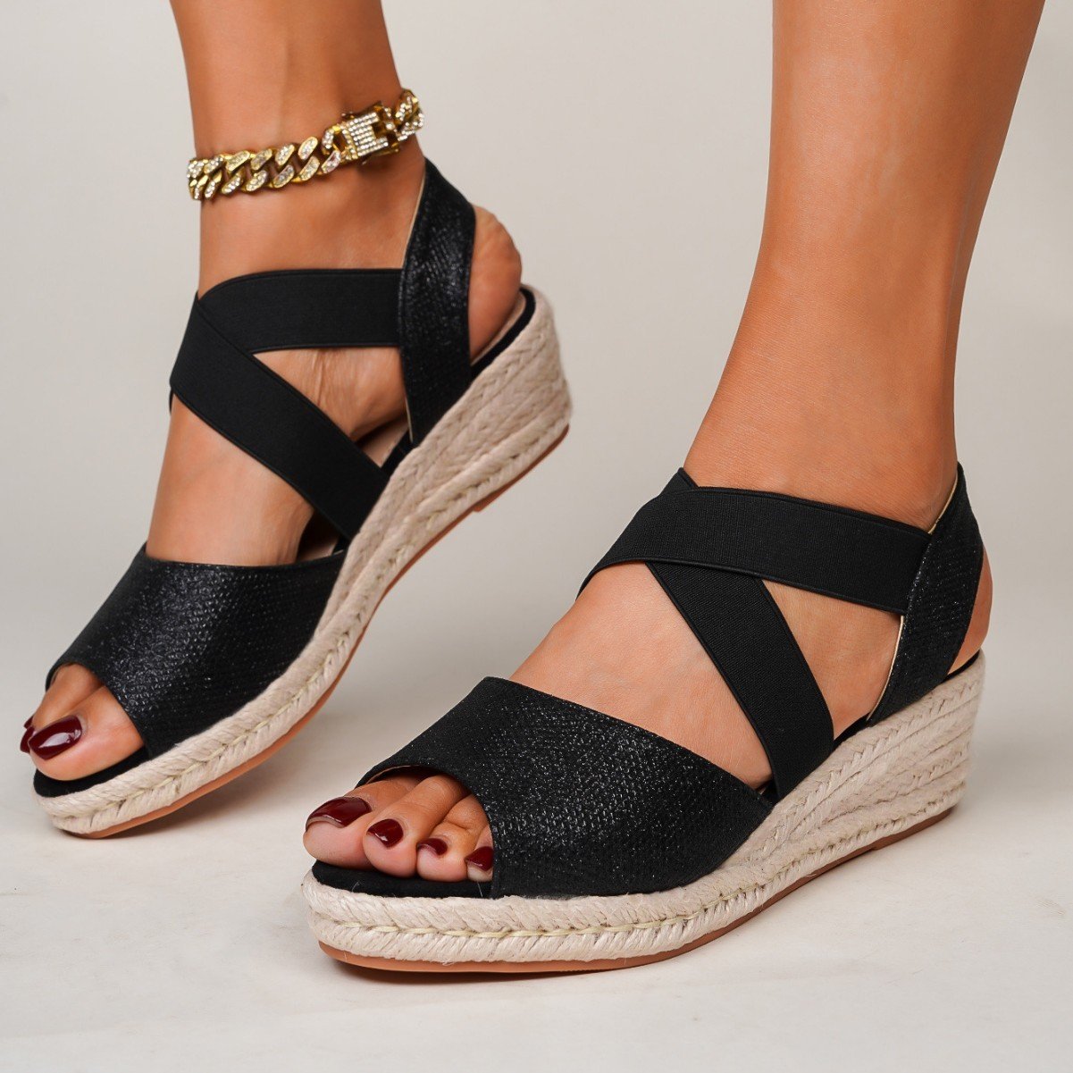 Sequin Peep-toe Espadrille Wedge Sandals With Elastic Cross Straps - Image 2