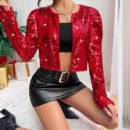 Trendy Rock-Style Crew-Neck Short Sequin Jacket