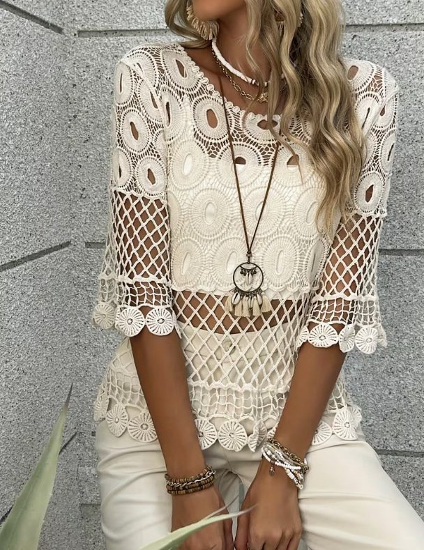 Resort-Style Sun-Protective Crochet Hollow-Out Crew-Neck Half-Sleeve Top - Image 4