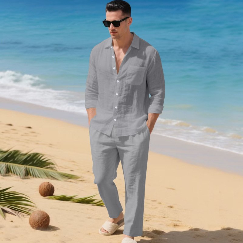 Beach Leisure Loose Collar Shirt Long Sleeve Pants Set - Image 2