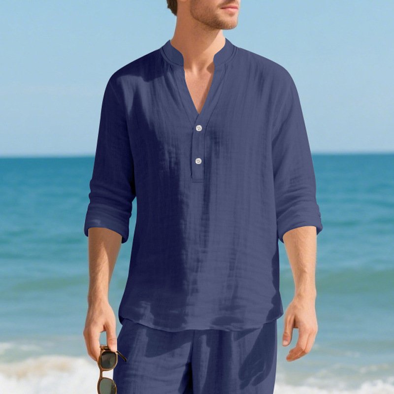 Autumn Linen Men's Long-Sleeve T-Shirt With Stand Collar And Buttons - Image 6