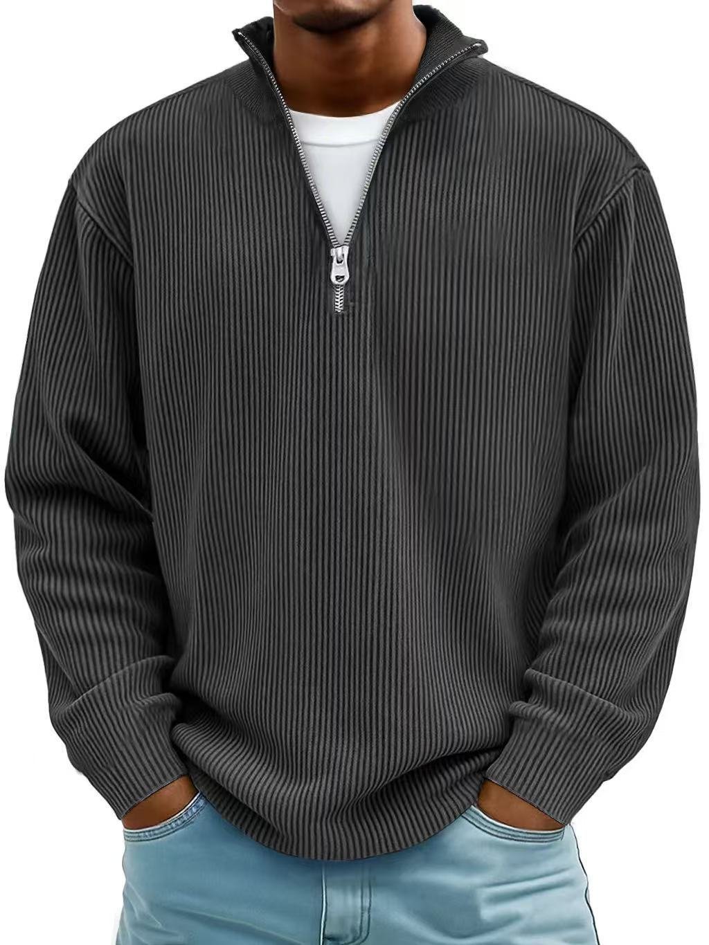 Corduroy Zipper Stand Collar Sweatshirt Fashion Warm Solid Color Long Sleeve Top Men's Casual Polo Shirt Clothing - Image 6