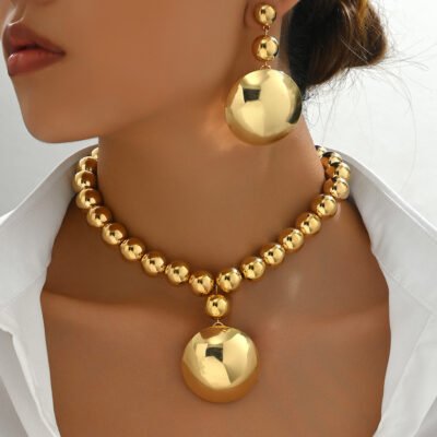 Cross-border European American Fashion Women Jewelry Set, Unique Metal Bead Necklace With Niche Premium Texture Pendant & Matching Earrings, Versatile Daily Neck Ear Accessories