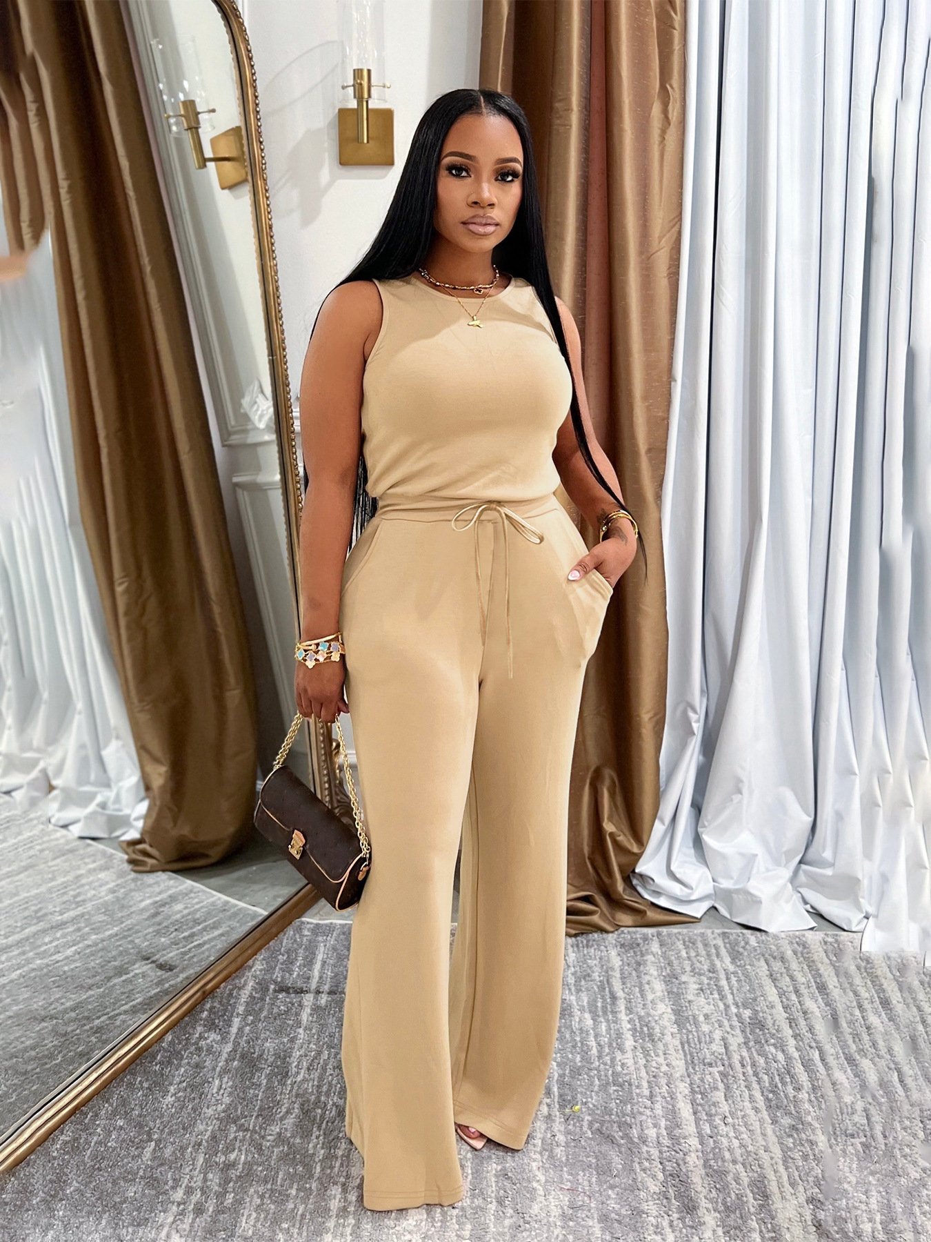 Summer New All-Match EuropeanAmerican Style Fashionable Slimming Casual Solid-Colored Lace-Up Jumpsuit - Image 7