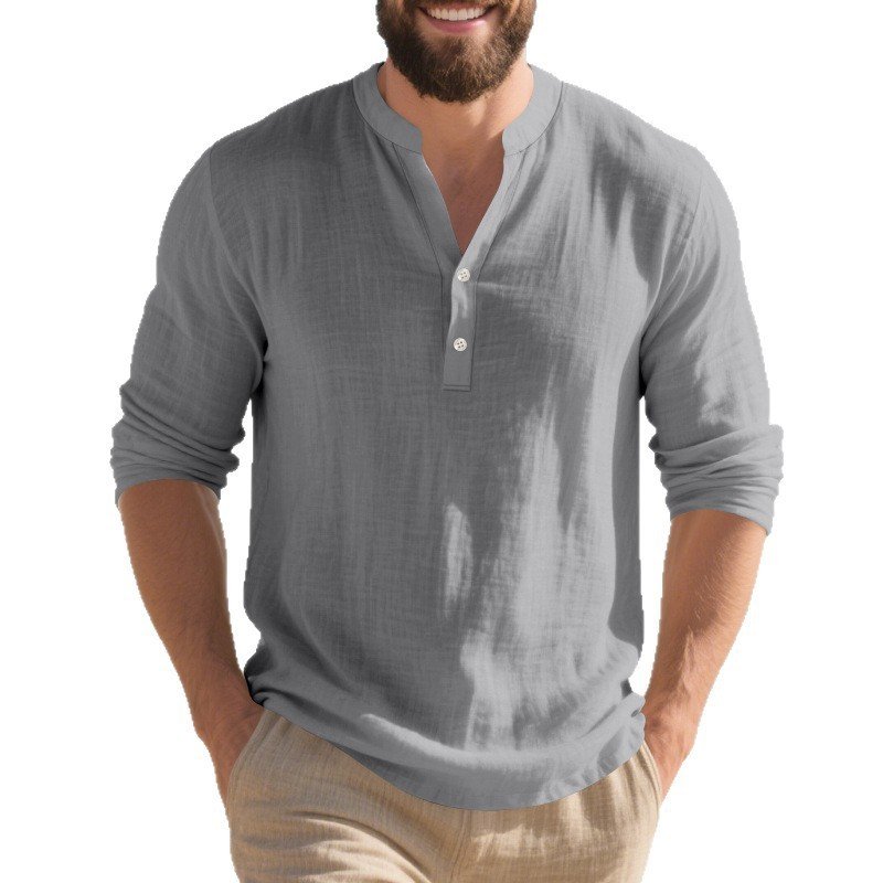 Autumn Linen Men's Long-Sleeve T-Shirt With Stand Collar And Buttons - Image 4