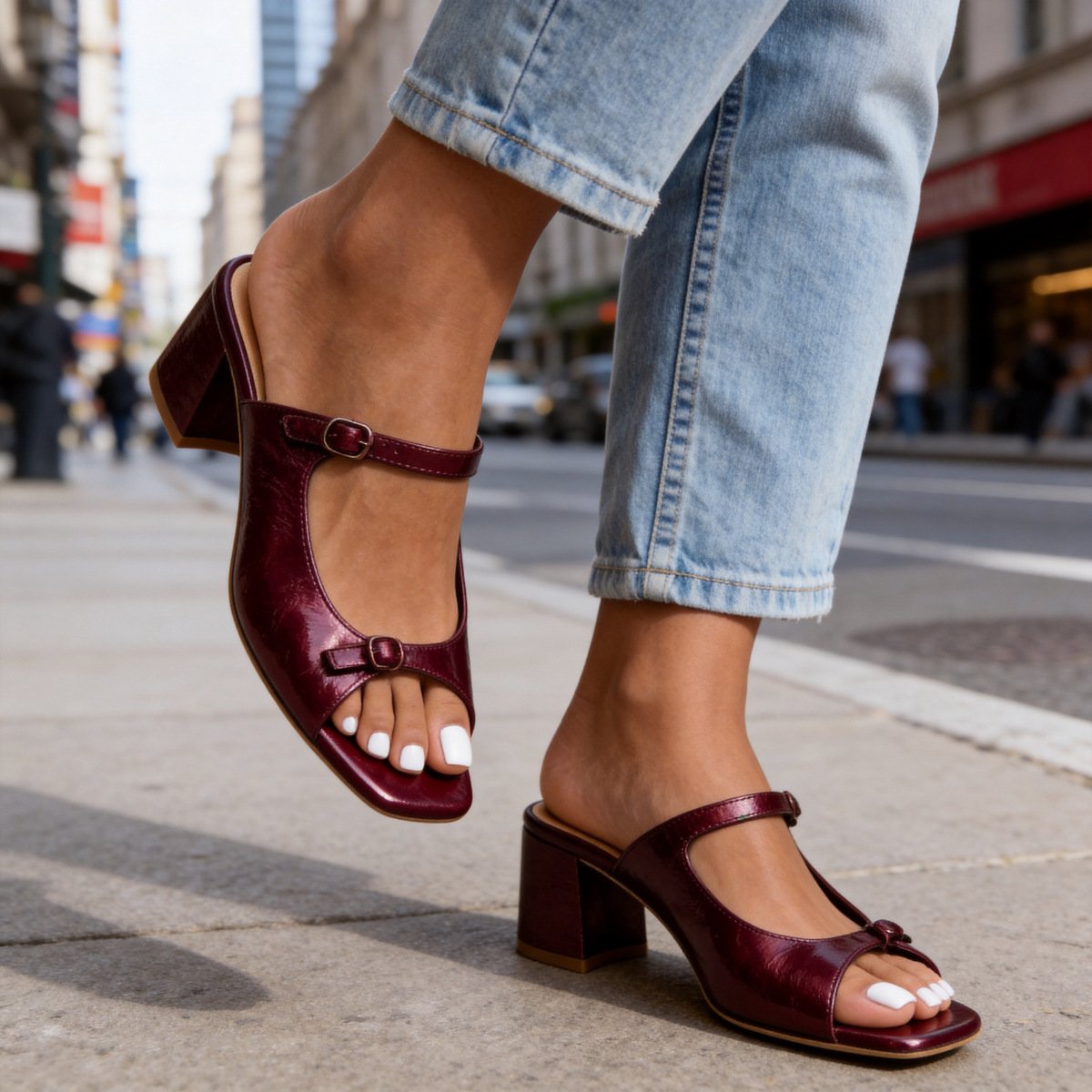 Square-toe Open-toe Chunky-heeled Color-block High Heels - Image 5