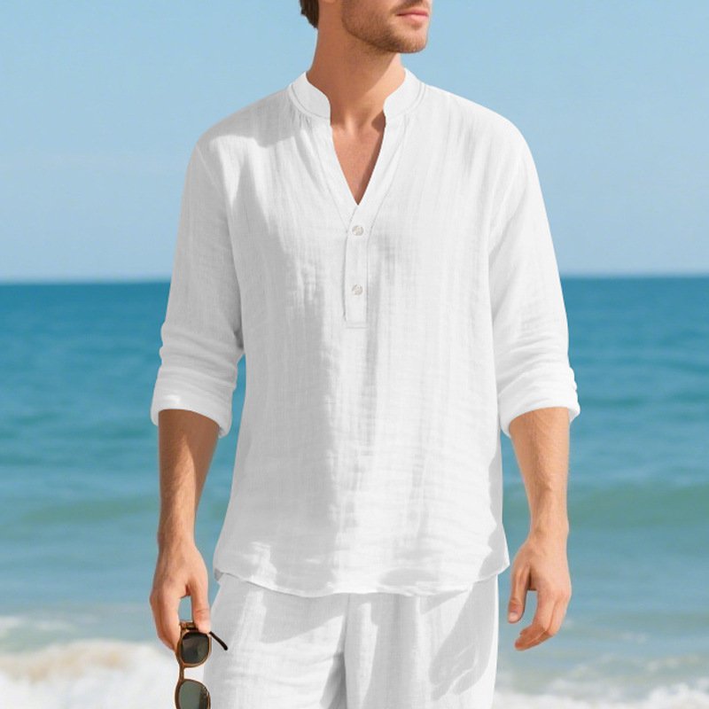 Autumn Linen Men's Long-Sleeve T-Shirt With Stand Collar And Buttons - Image 5