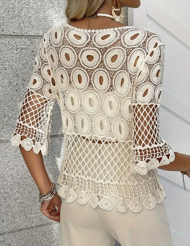 Resort-Style Sun-Protective Crochet Hollow-Out Crew-Neck Half-Sleeve Top - Image 5