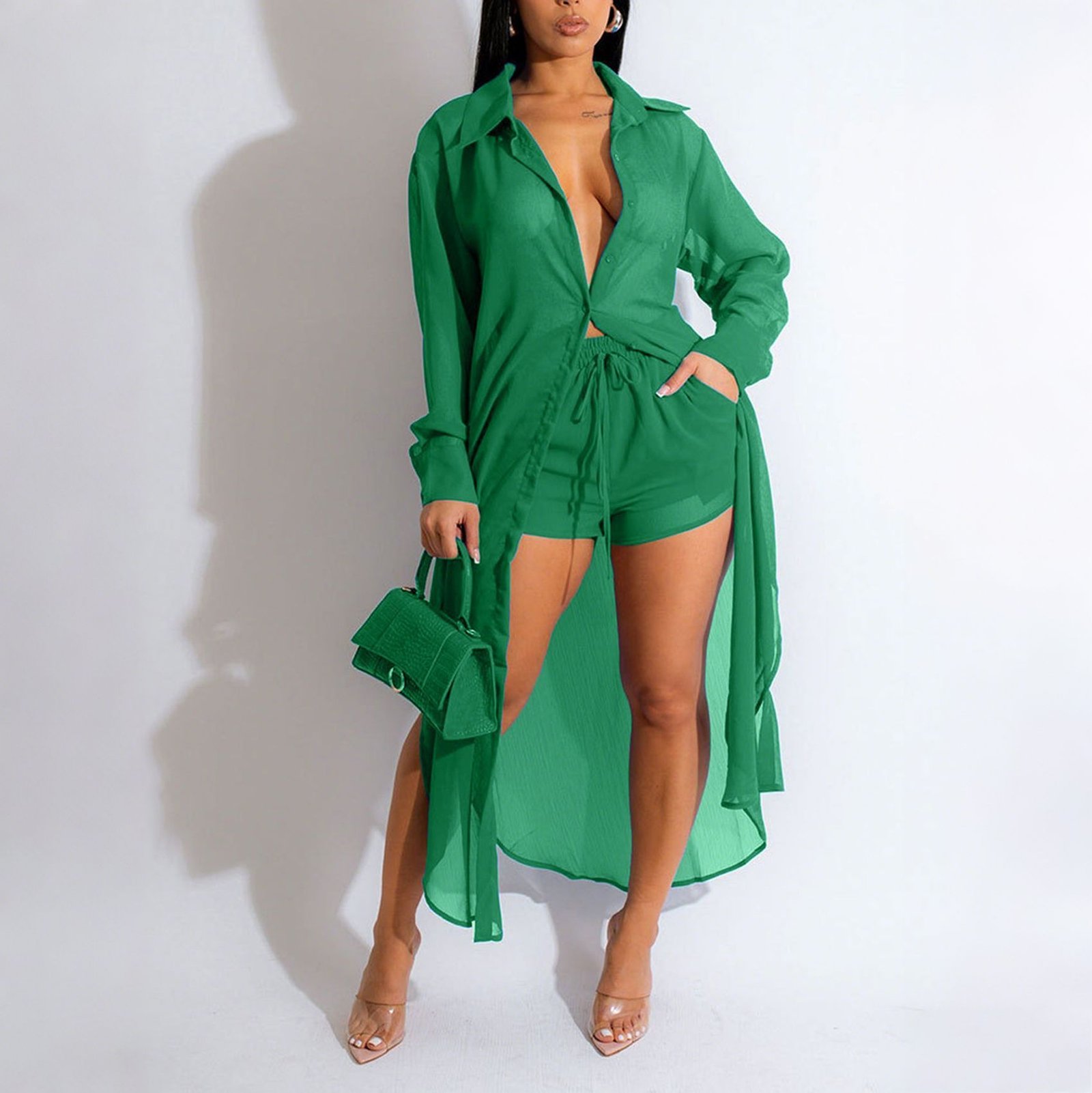 Sheer Long-sleeve Cardigan Buttoned Side-split Blouse And Shorts Set - Image 7
