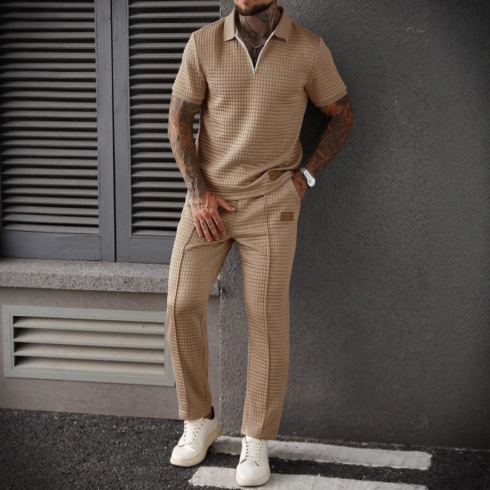 Casual Zip-Up Polo Shirt Top And Pants Two-Piece Set - Image 2