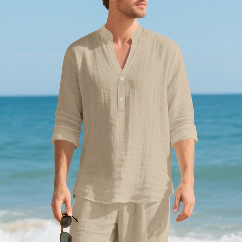 Autumn Linen Men's Long-Sleeve T-Shirt With Stand Collar And Buttons - Image 9