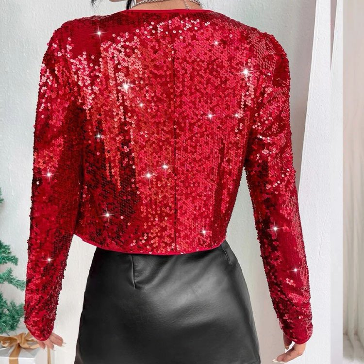 Trendy Rock-Style Crew-Neck Short Sequin Jacket - Image 4