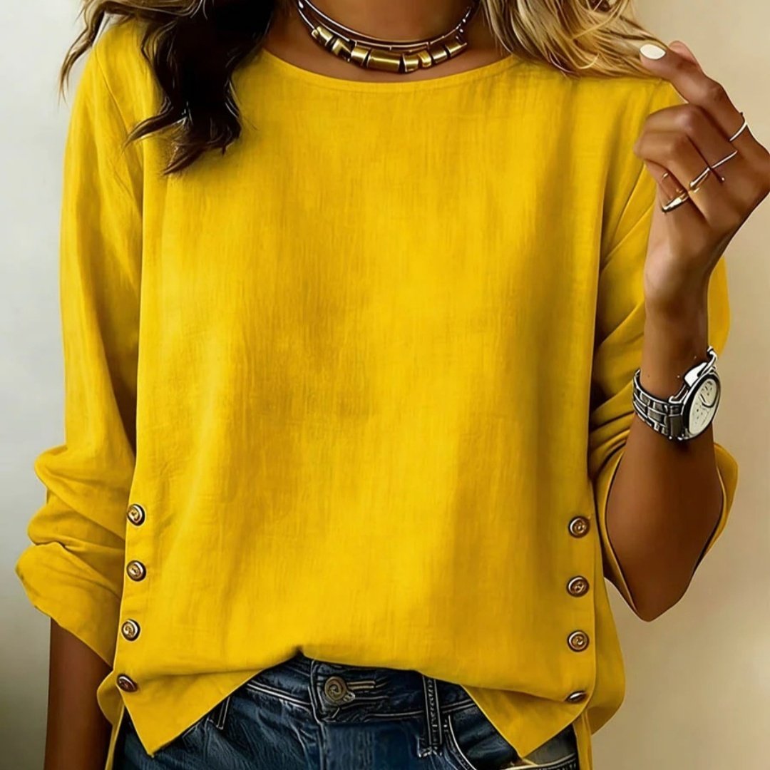 Summer Solid Color Round Neck Casual Loose Cotton And Linen Top For Women