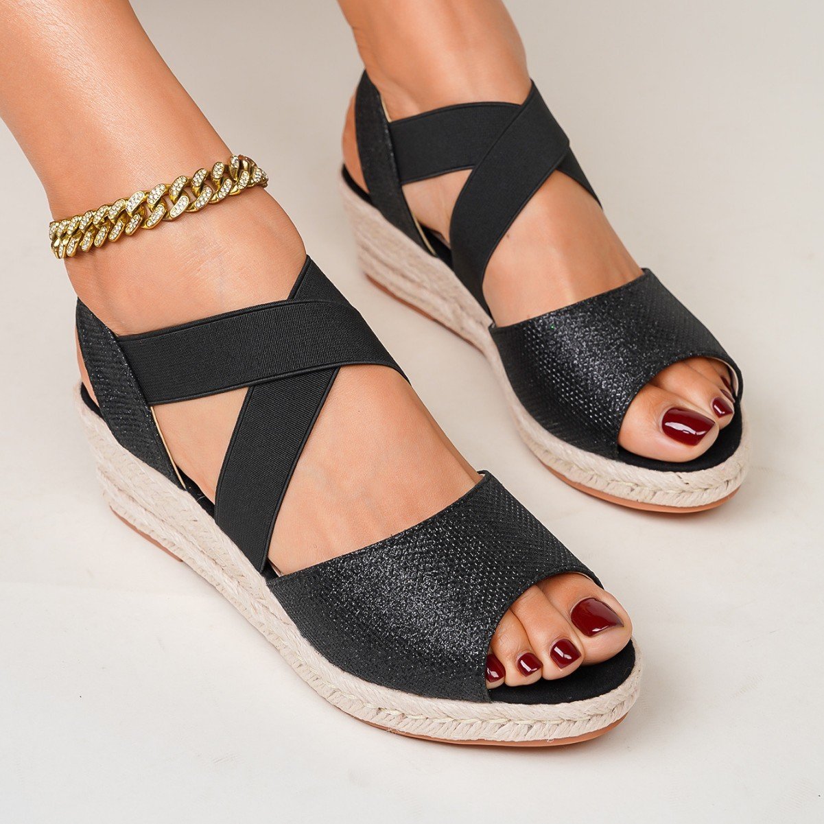 Sequin Peep-toe Espadrille Wedge Sandals With Elastic Cross Straps - Image 4