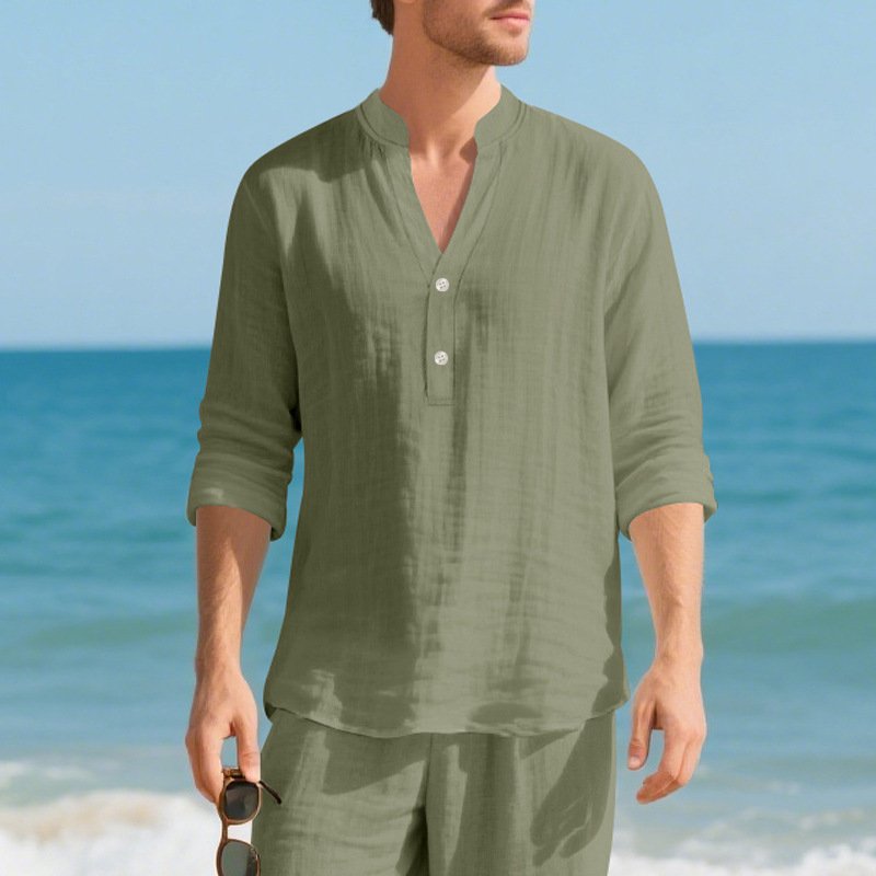 Autumn Linen Men's Long-Sleeve T-Shirt With Stand Collar And Buttons - Image 8