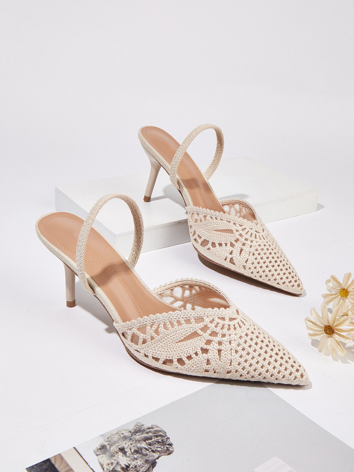 Women's French Style Knitted Cutout Pointed Toe Slingback Heeled Sandals - Elegant Casual Summer High Heel Shoes for Ladies - Image 6