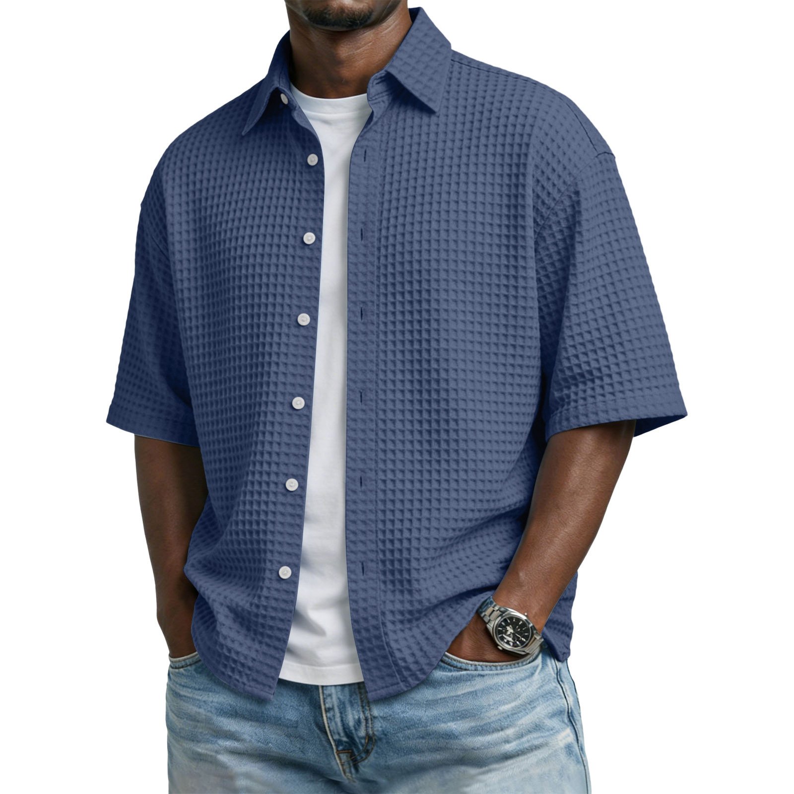 Men's Solid-Colored Waffle-Weave T-Shirt With Lapel Collar