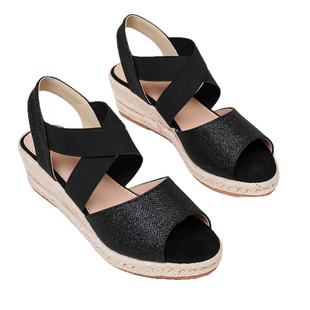 Sequin Peep-toe Espadrille Wedge Sandals With Elastic Cross Straps - Image 5
