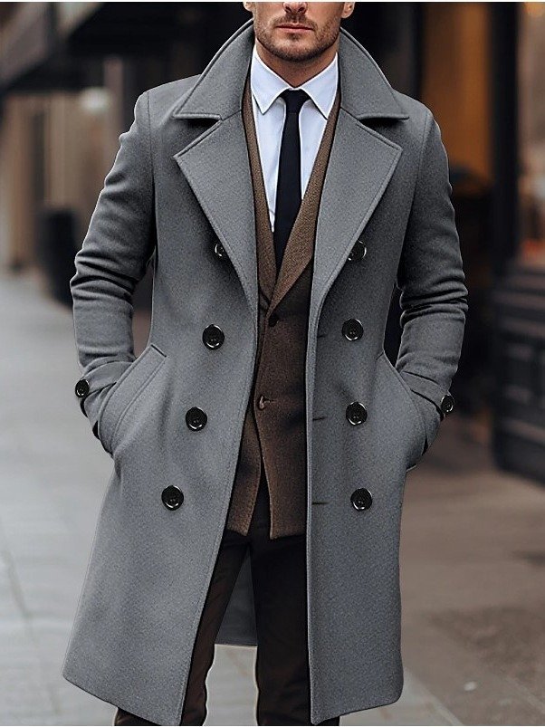 Fall Winter Men Woolen Coat Double Breasted Long - Image 4