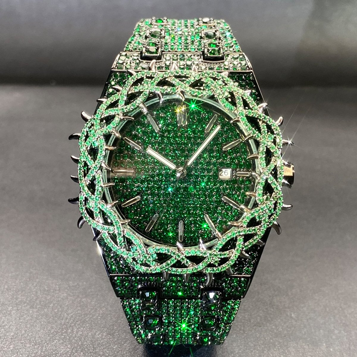 Hip-Hop Mens Watch With Green Full-Covering Zircon Inlays