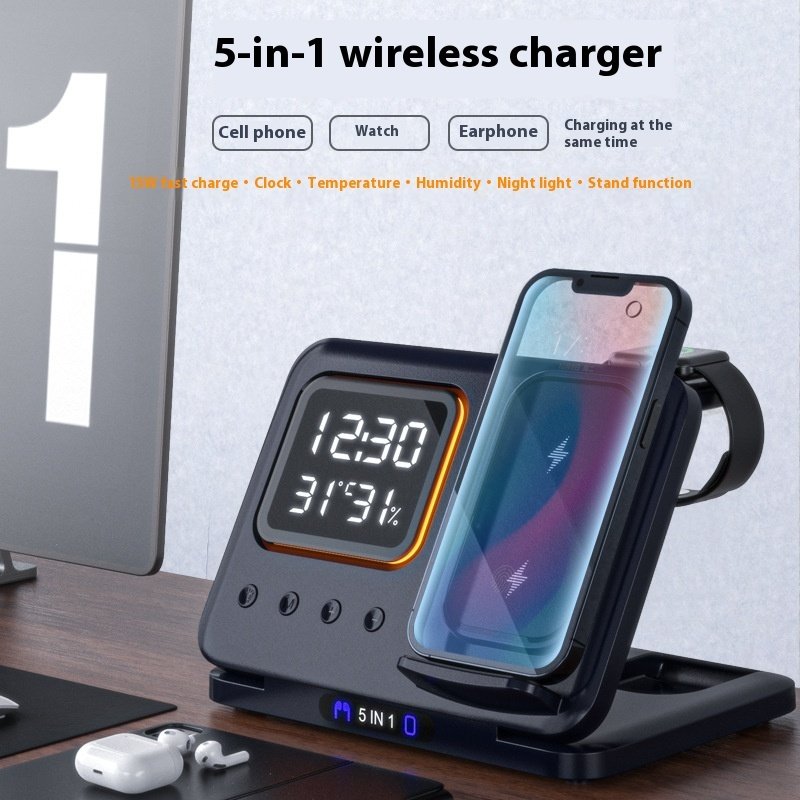 15W Wireless Chargers Stand 5 In1 LED Digital Alarm Clock Fast Charging Dock Station - Image 6