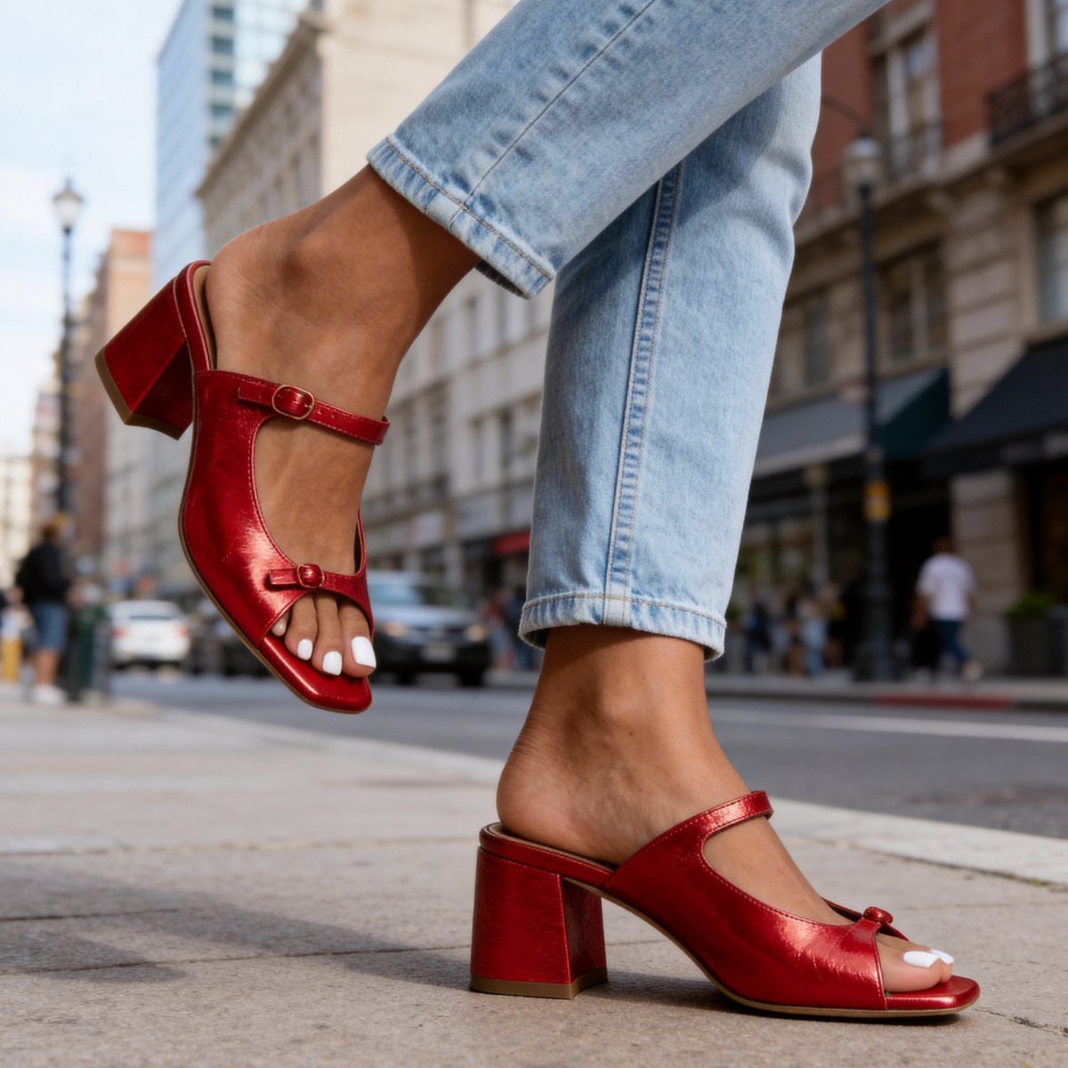 Square-toe Open-toe Chunky-heeled Color-block High Heels - Image 4
