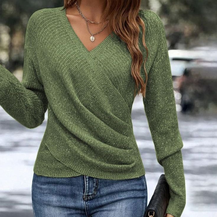V-neck Long Sleeve Cross Solid Color Knitted Sweater - Image 6