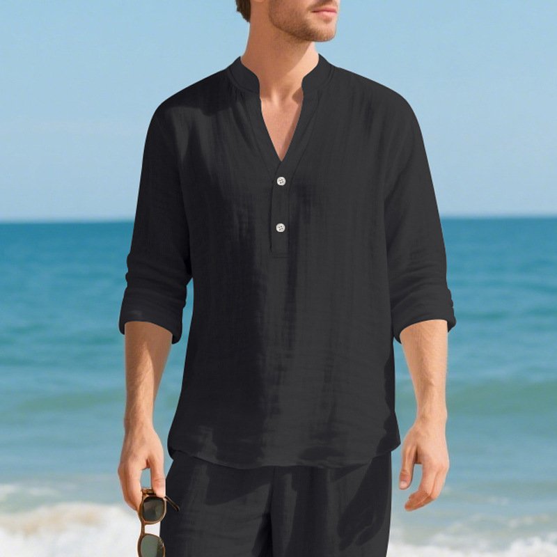 Autumn Linen Men's Long-Sleeve T-Shirt With Stand Collar And Buttons - Image 7