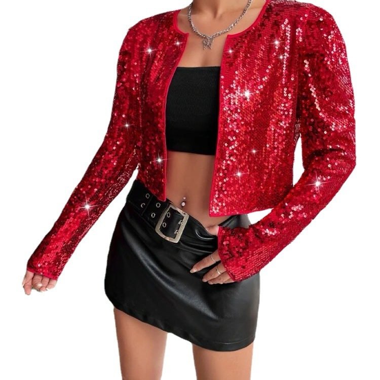 Trendy Rock-Style Crew-Neck Short Sequin Jacket - Image 5