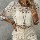 Resort-Style Sun-Protective Crochet Hollow-Out Crew-Neck Half-Sleeve Top